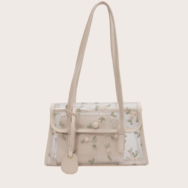 

Flower Embroidered Shoulder Bag With Inner Pouch, Beige
