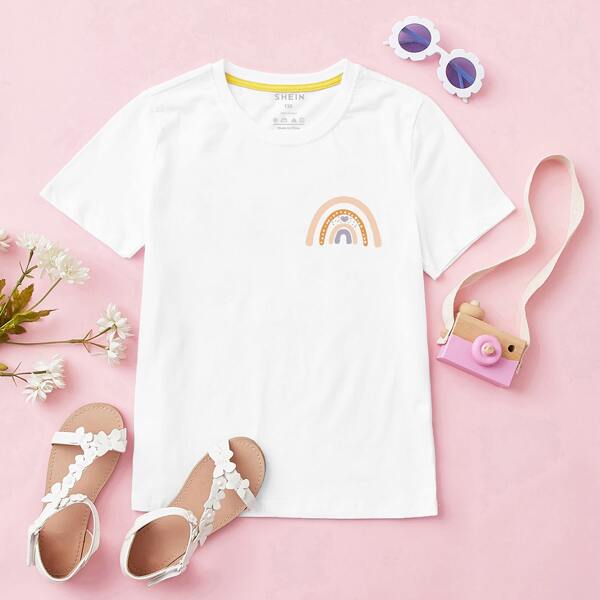 

Toddler Girls Cartoon Rainbow Print Tee, White