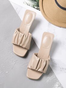 Ruched Minimalist Chunky Heeled Mules - Khaki - View 1