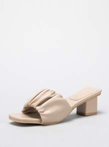 Ruched Minimalist Chunky Heeled Mules - Khaki - View 2