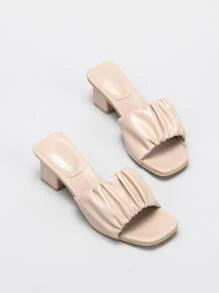 Ruched Minimalist Chunky Heeled Mules - Khaki - View 3