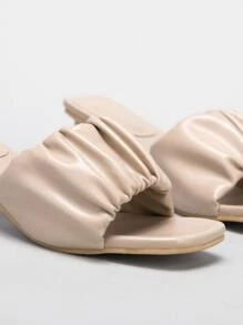 Ruched Minimalist Chunky Heeled Mules - Khaki - View 4