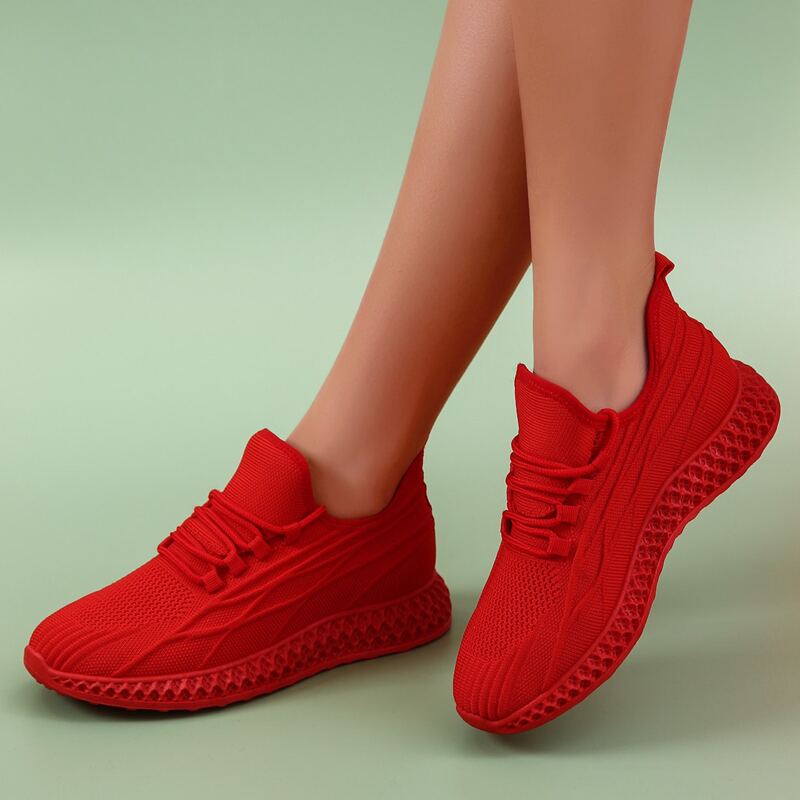 

Minimalist Lace Up Decor Knit Sneakers, Red