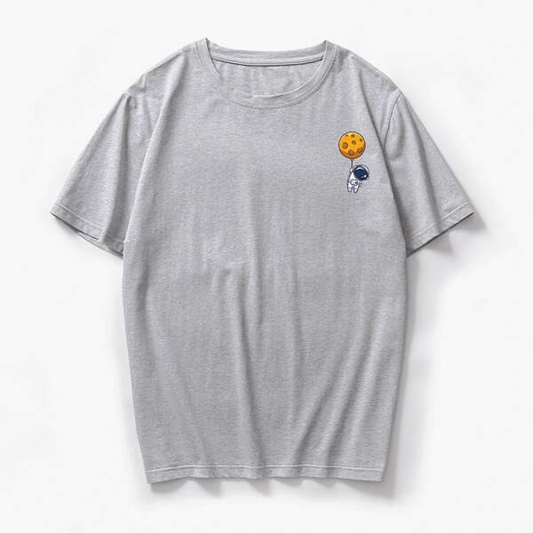 

Men Cartoon Spacemen Print Round Neck Tee, Light grey