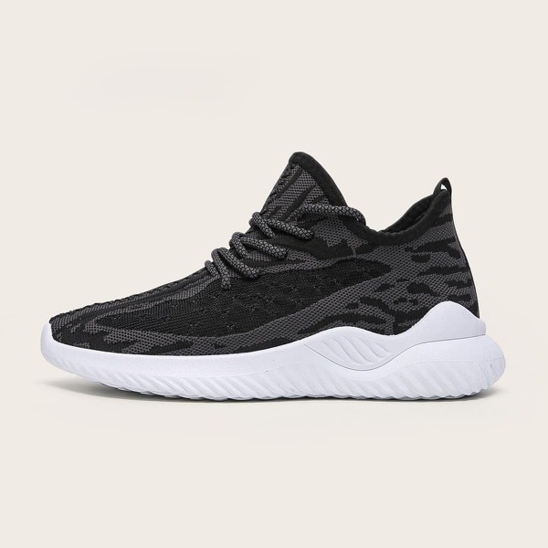 

Men Lace Up Decor Knit Running Shoes, Black