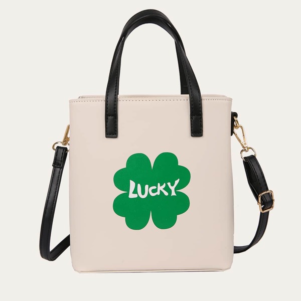 

Four-leaf Clover Print Satchel Bag, Beige