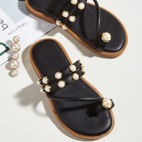 

Girls Faux Pearl Decor Flip Flops, Black