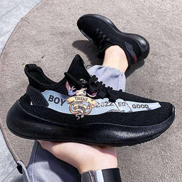 

Men Letter Graphic Lace Up Decor Knit Running Shoes, Black