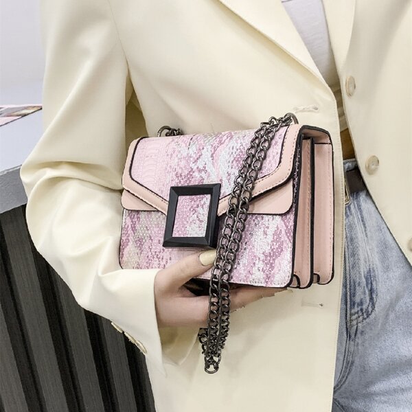 

Snake Embossed Chain Shoulder Bag, Pink