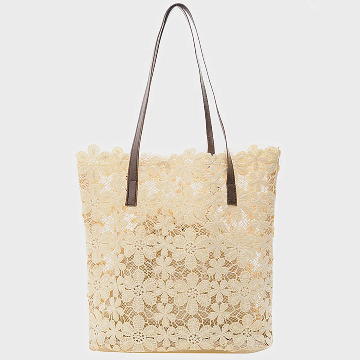 

Floral Lace Tote Bag, Khaki
