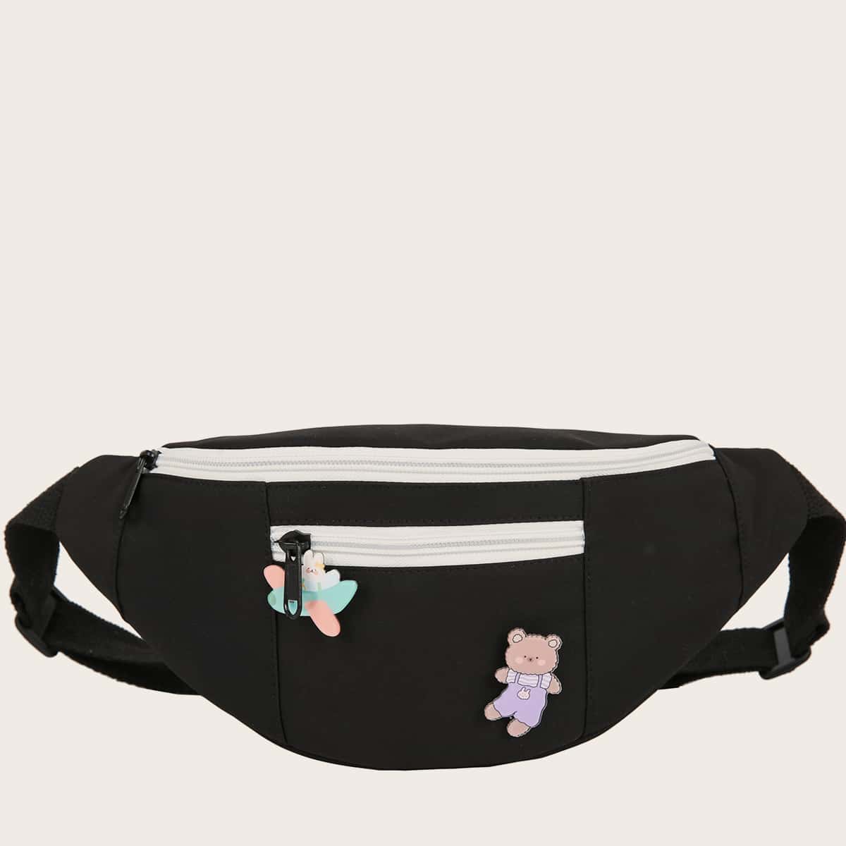 

Cartoon Decor Zip Front Fanny Pack, Black