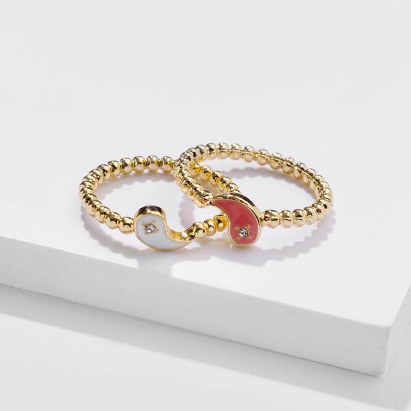 

2pcs Yin & Yang Beaded Ring, Gold