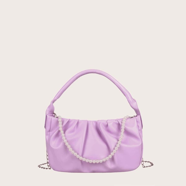 

Faux Pearl Decor Ruched Bag, Violet purple