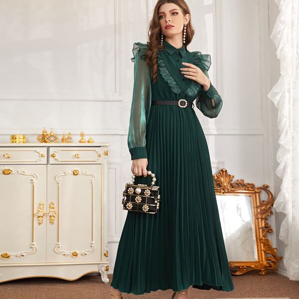 

Contrast Mesh Sleeve Pleated Hem Shirt Dress, Dark green