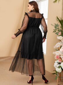 Modelyn Đầm Plus Size Thắt lưng viền lá sen Xù Viên lá sen Dải chun Chấm bi Hấp dẫn - màu đen - Xem 2