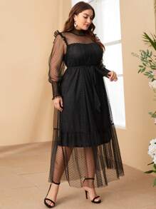 Modelyn Đầm Plus Size Thắt lưng viền lá sen Xù Viên lá sen Dải chun Chấm bi Hấp dẫn - màu đen - Xem 3