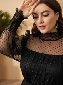 Modelyn Đầm Plus Size Thắt lưng viền lá sen Xù Viên lá sen Dải chun Chấm bi Hấp dẫn - màu đen - Xem 4
