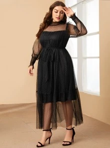 Modelyn Đầm Plus Size Thắt lưng viền lá sen Xù Viên lá sen Dải chun Chấm bi Hấp dẫn - màu đen - Xem 5