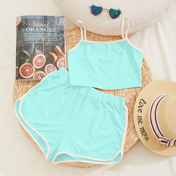 

Contrast Binding Cami Crop Top & Shorts Set, Mint blue