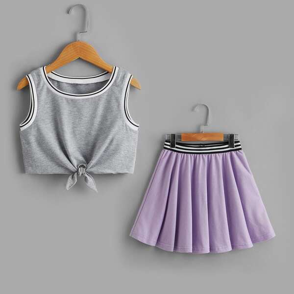 

Girls Contrast Trim Knot Tank Top With Pleated Skirt, Multicolor