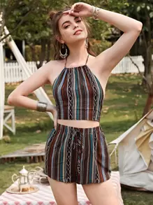 SHEIN Geo Print Tied Backless Halter Top & Shorts Set - Multicolor - View 1