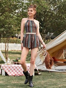 SHEIN Geo Print Tied Backless Halter Top & Shorts Set - Multicolor - View 3