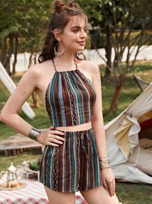 SHEIN Geo Print Tied Backless Halter Top & Shorts Set - Multicolor - View 4