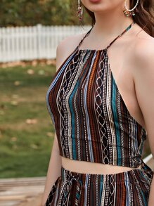 SHEIN Geo Print Tied Backless Halter Top & Shorts Set - Multicolor - View 5