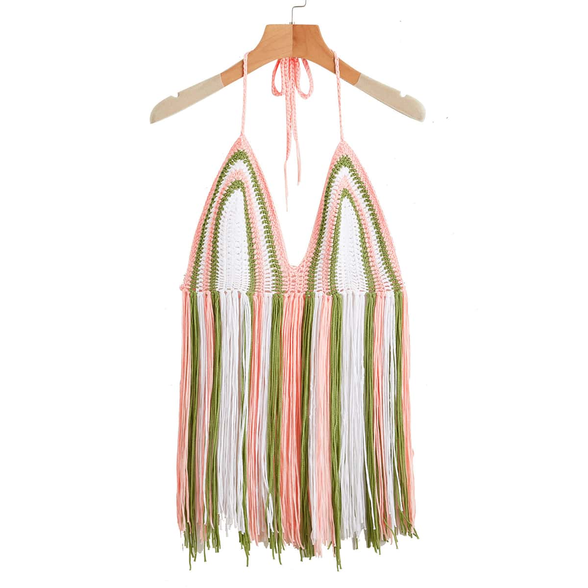 

Fringe Hem Tied Backless Colorblock Cover Up Top, Multicolor