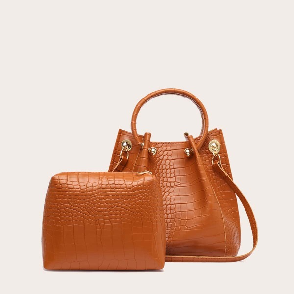 

2pcs Minimalist Croc Embossed Bag Set, Brown