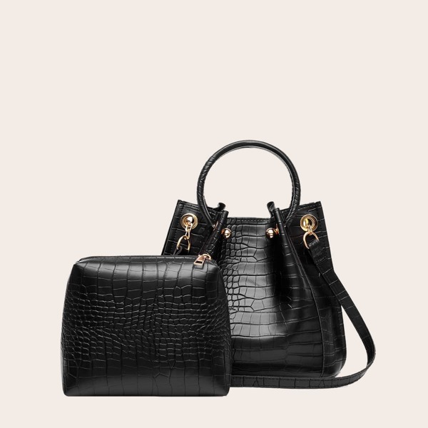 

2pcs Minimalist Croc Embossed Bag Set, Black