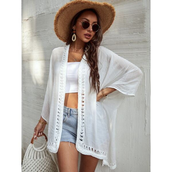 

Open Front Asymmetrical Hem Kimono, White