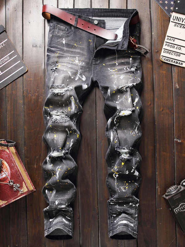 Manfinity LEGND Herr bomullsstänk bläck slitna jeans utan bälte Slim Fit Long Frayed Jean Cargo Vanlig ljusgrå Går ut Street Wear Vänner