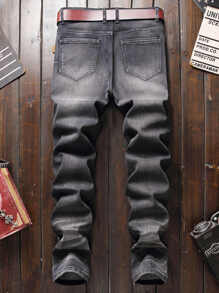 Manfinity LEGND Men Cotton Splash Ink Ripped Jeans Without Belt Slim Fit Long Frayed Jean Cargo Plain Light Grey Going Out Street Wear Friends - Black - View 2