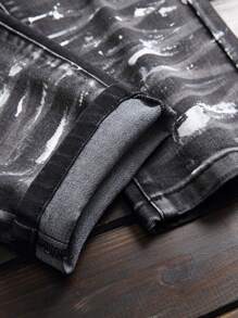 Manfinity LEGND Men Cotton Splash Ink Ripped Jeans Without Belt Slim Fit Long Frayed Jean Cargo Plain Light Grey Going Out Street Wear Friends - Black - View 7