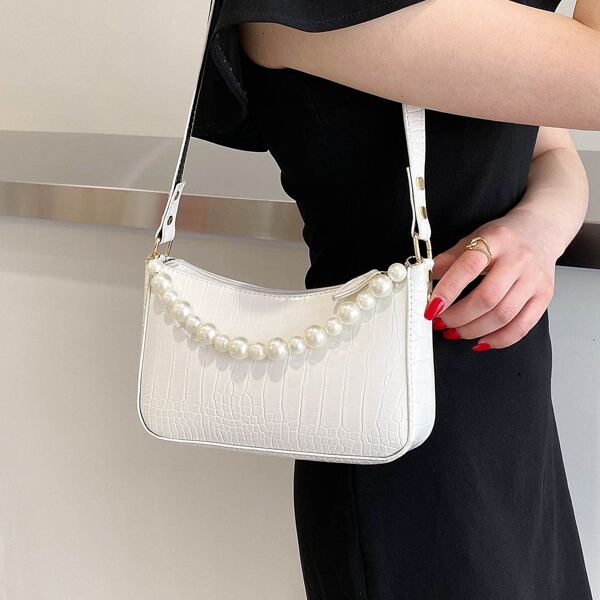 

Croc Embossed Baguette Bag, White