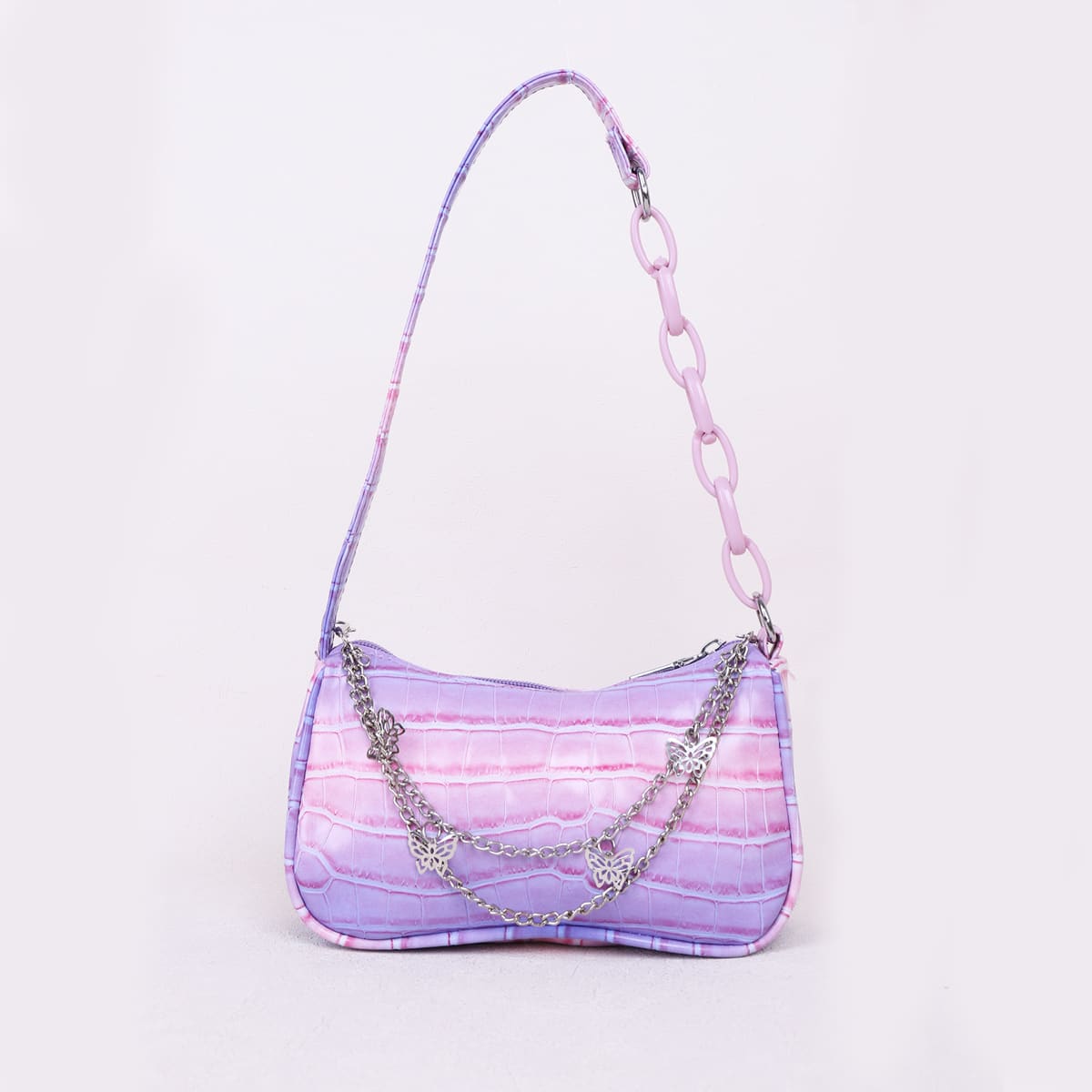 

Chain Decor Croc Embossed Baguette Bag, Purple