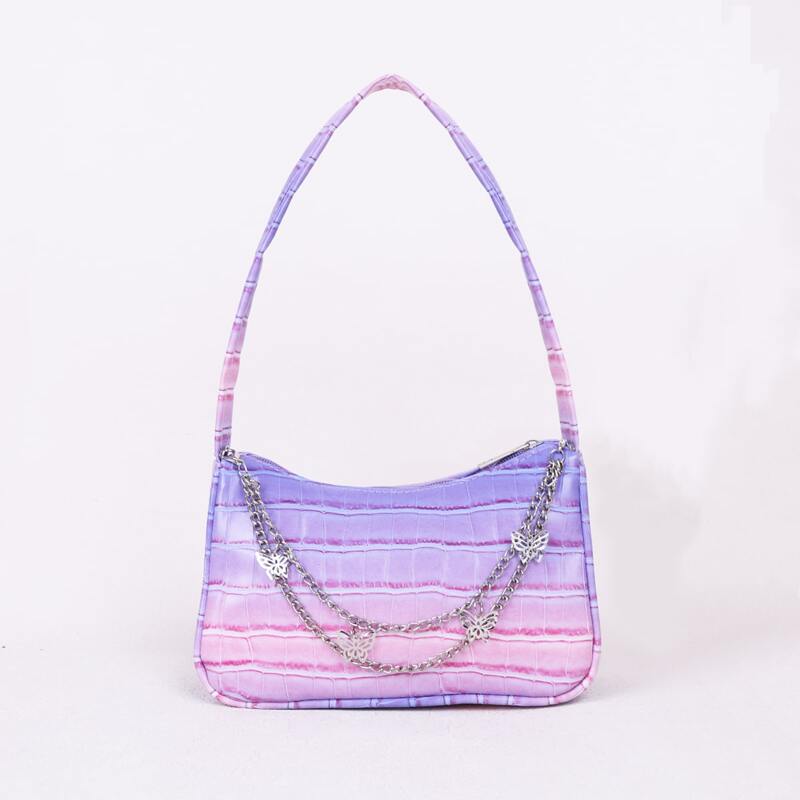

Chain Decor Croc Embossed Baguette Bag, Purple