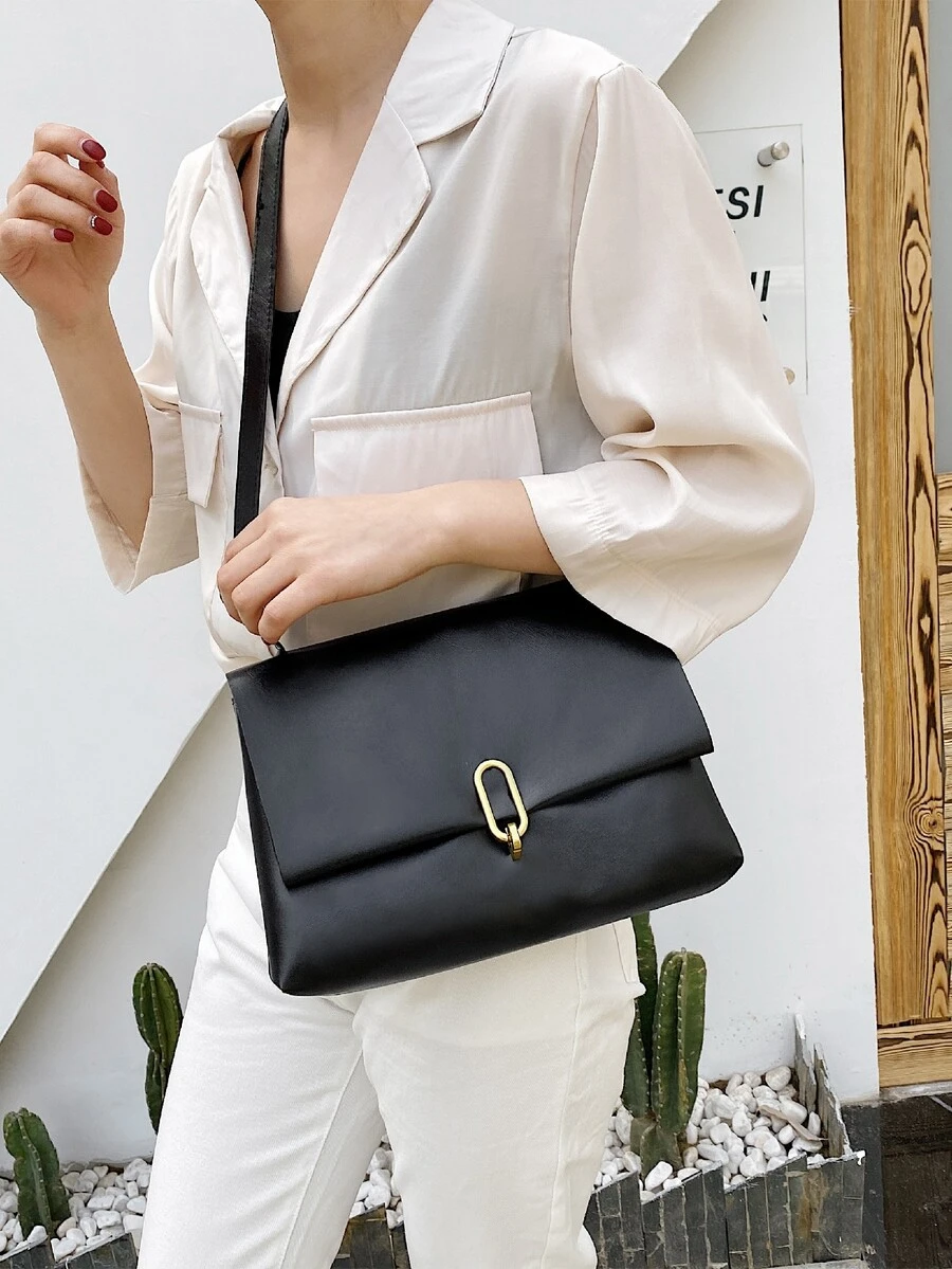 Minimalist Metal Lock Crossbody Bag - Black - View 1