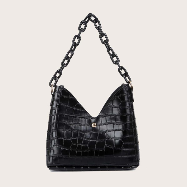 

Croc Embossed Chain Shoulder Bag, Black