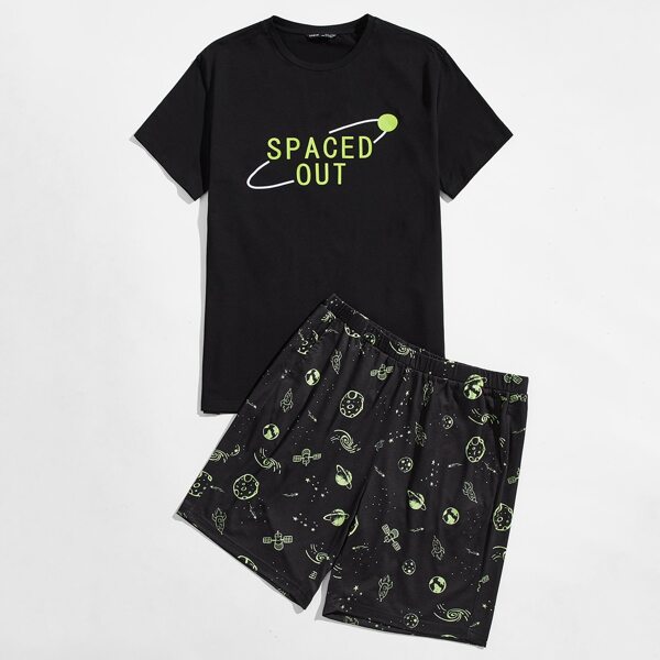 

Men Planet Print Tee & Short PJ Set, Black