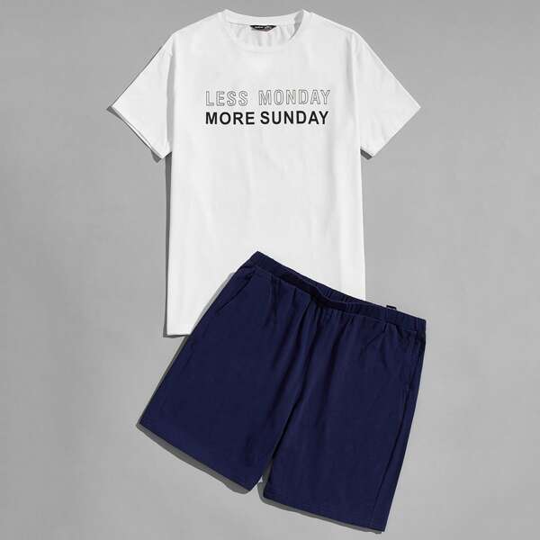 

Men Letter Graphic Tee & Track Shorts PJ Set, Blue and white