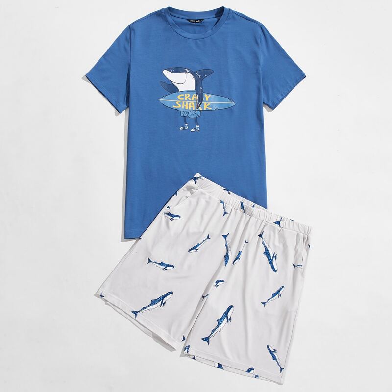 

Guys Shark Print Tee & Track Shorts PJ Set, Blue and white
