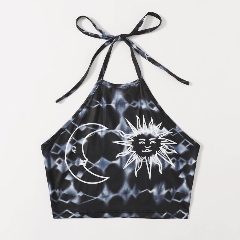 

Sun & Moon Graphic Tie Dye Halter Crop Top, Black