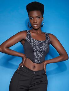 SHEIN 幾何圖案不對稱下擺背心上衣 - 黑色 - 查看 2