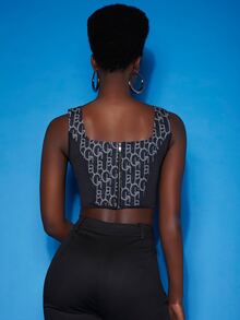 SHEIN 幾何圖案不對稱下擺背心上衣 - 黑色 - 查看 3