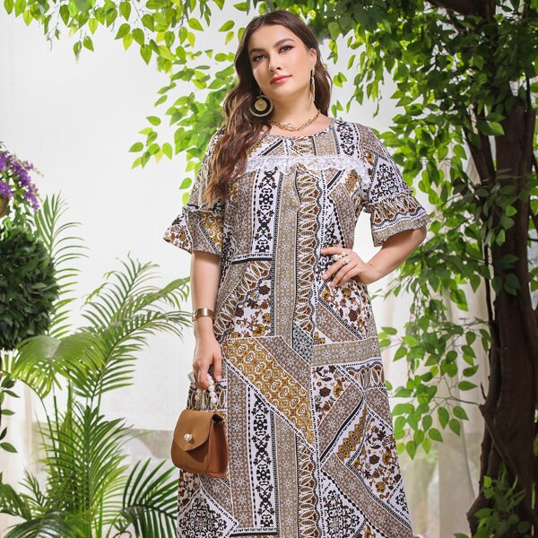 

Plus Scarf Print Lace Panel Tunic Dress, Multicolor