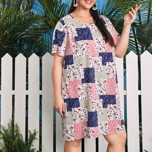 

Plus Floral Print Patchwork Tunic Dress, Multicolor