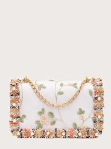 Mini Floral Embroidery Chain Shoulder Bag - White - View 1