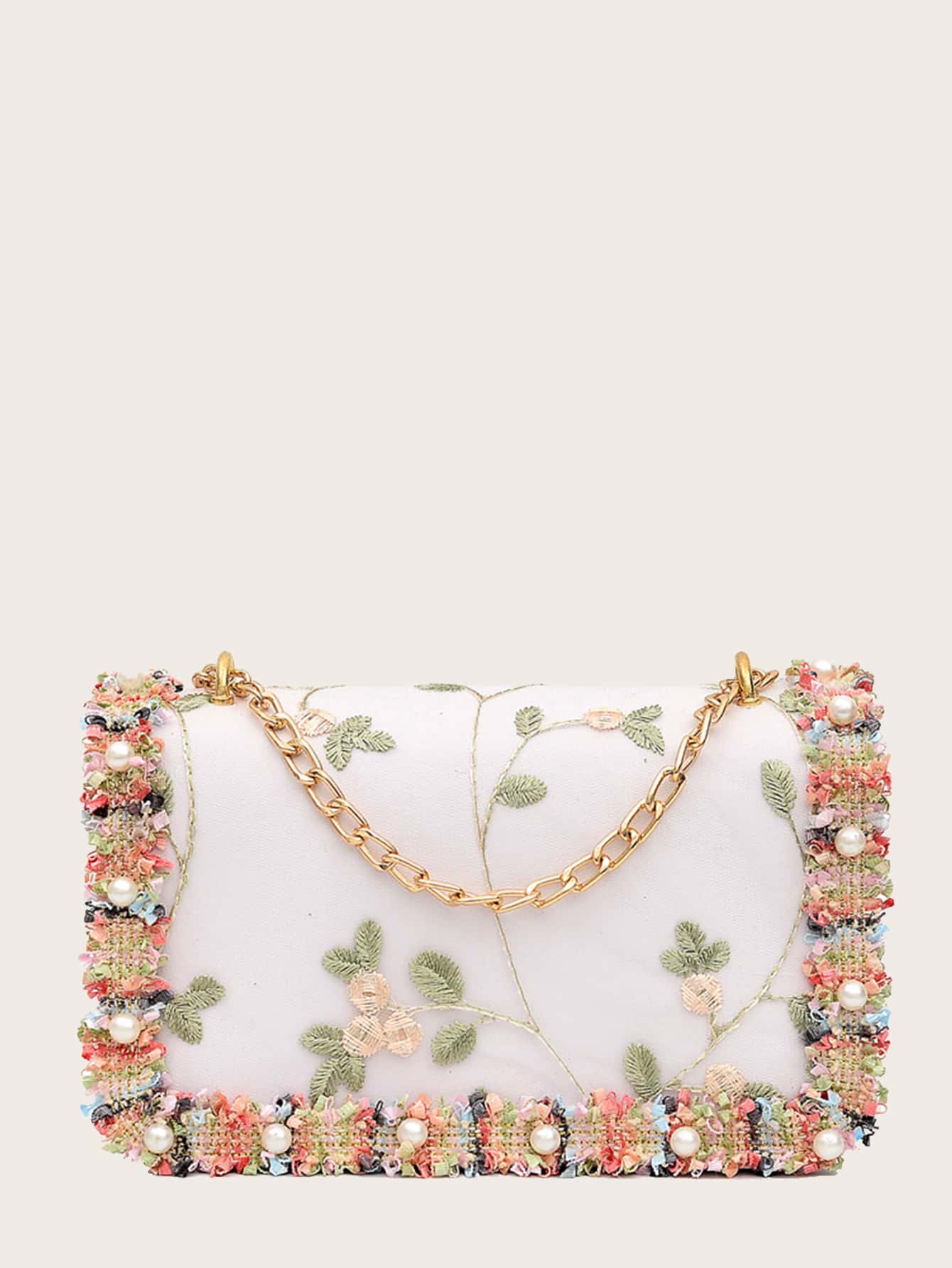 Mini Floral Embroidery Chain Shoulder Bag - White - View 1